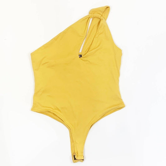 Fashion Nova One Shoulder Sleeveless One Piece Bodysuit Size L, Yellow