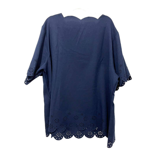 Shein Laser Cut Scallop Trim Short Sleeve Blouse Size 4XL, Navy