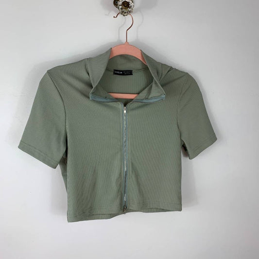 SHEIN Zip Up Rib-knit Crop Top Size L, Light Green