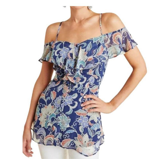 Maeve by Anthropologie Blue Mariposa Floral Top Size 00P