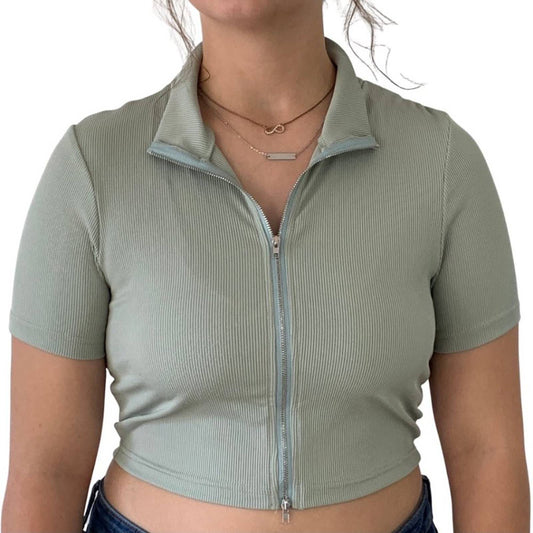 SHEIN Zip Up Rib-knit Crop Top Size L, Light Green