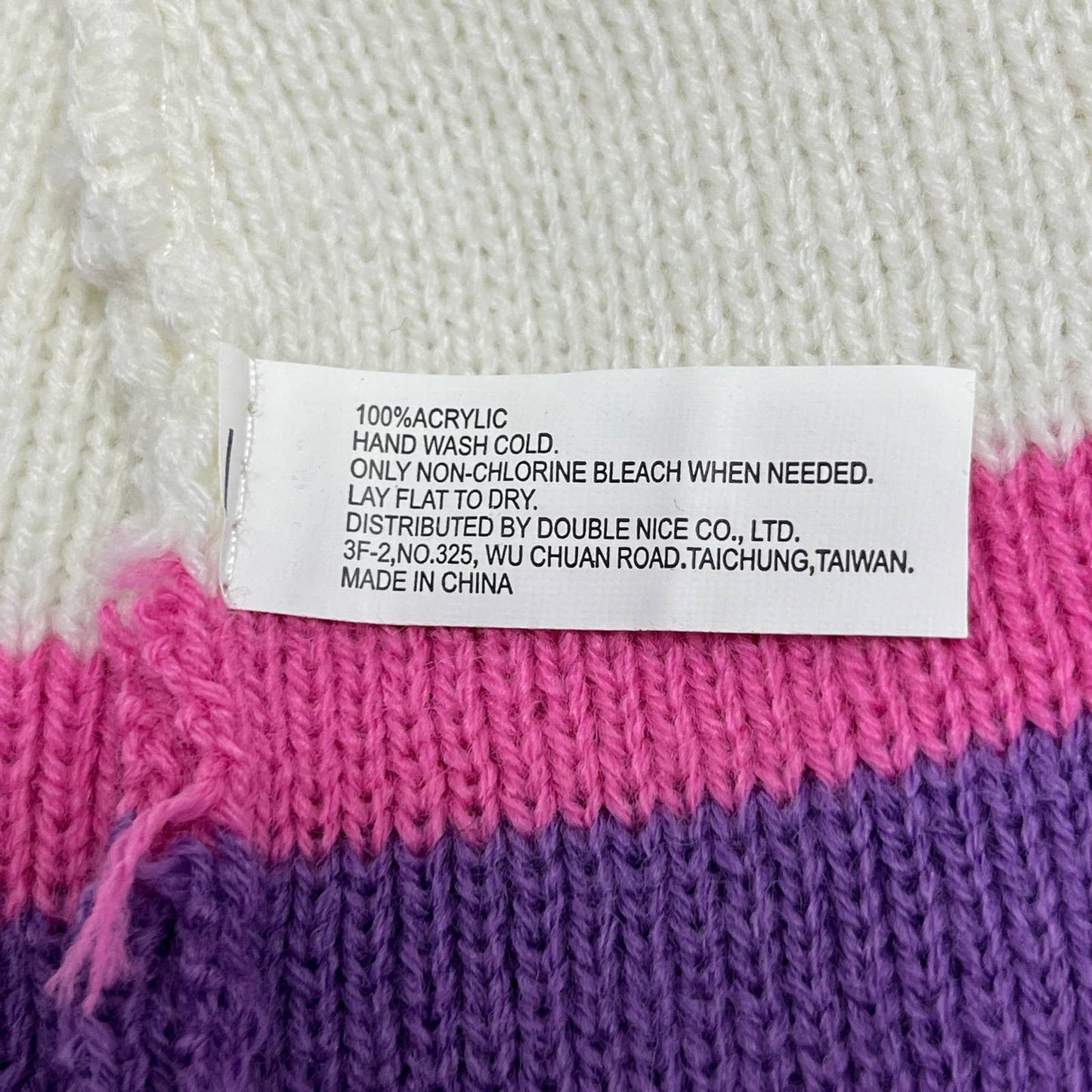 100% Acrylic Striped Beanie, Pink & Purple