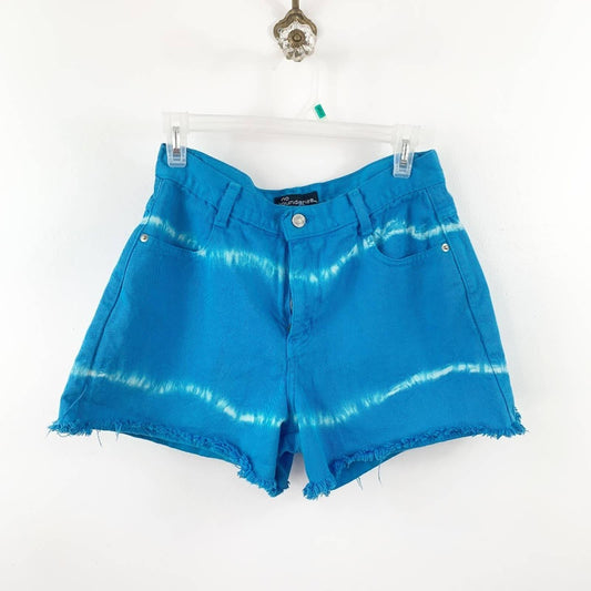 No Boundaries Tie Dye High Rise Cutoff Shorts Size 9, Blue & White