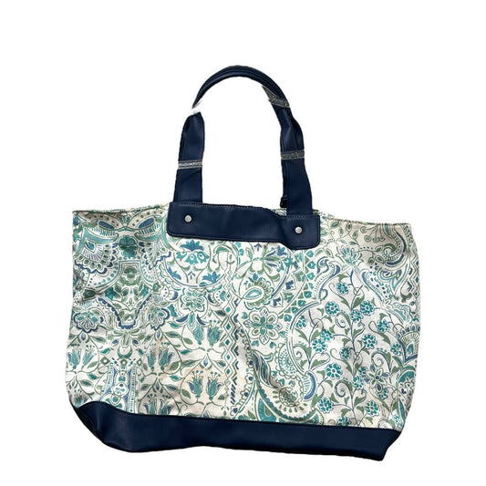 Large Jo-Ann Tote Bag Blue/ Green Floral Design Lined Cotton Beach Travel