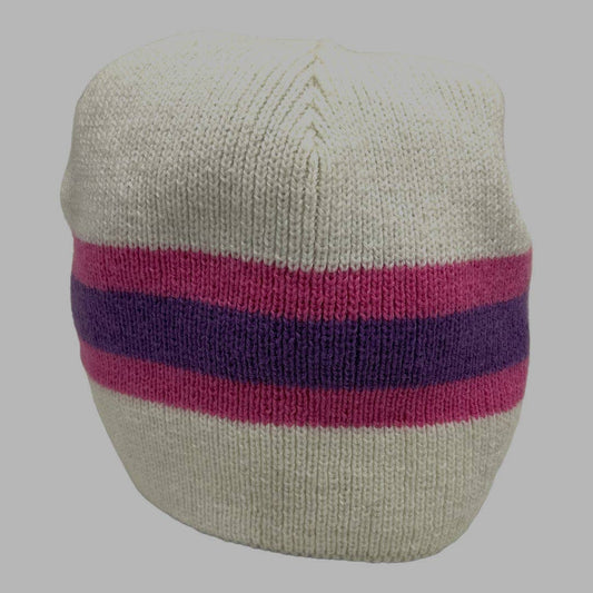 100% Acrylic Striped Beanie, Pink & Purple