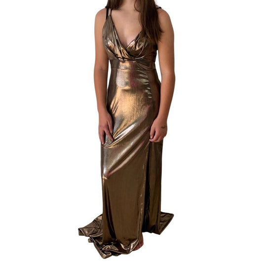 Fashion Nova V-Neck Spaghetti Strap Floor-Length Dress, Size 4-6, Gold