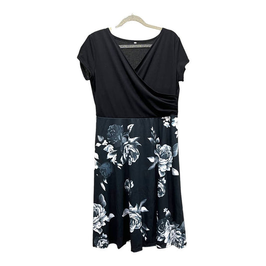 V-Neck Short Sleeve Floral Print Party Dress Size 2X, Black